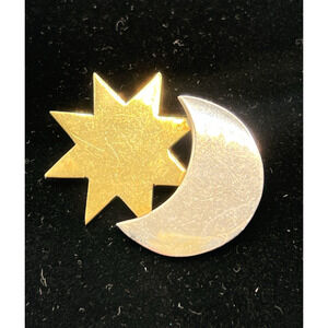 Vintage Signed LATON Sterling Silver & Brass Moon & Star Brooch Pin M/I Mexico